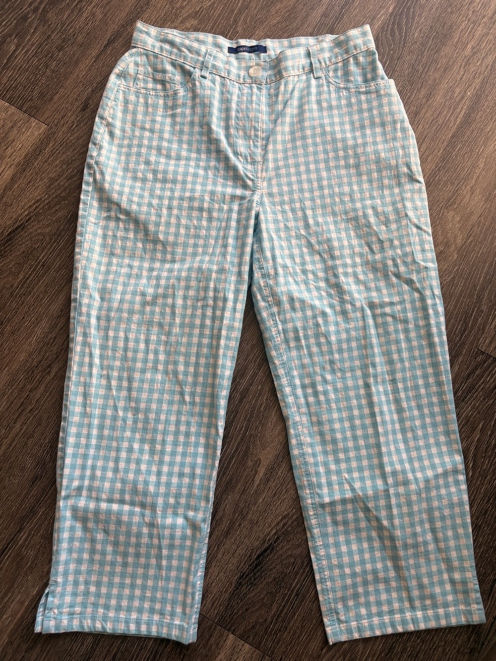 90s Light Blue & White Gingham Capris